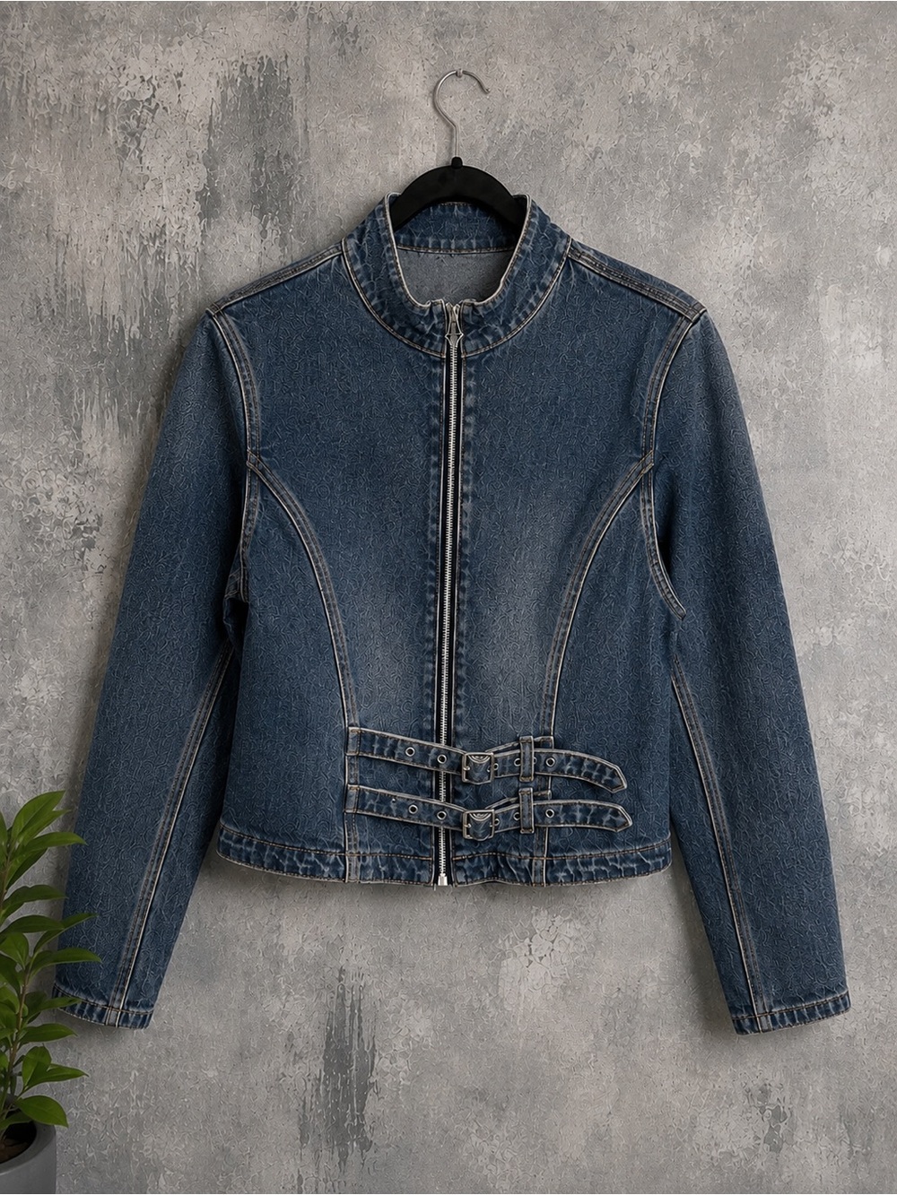 Edikted Dark Blue Denim Jacket with Double Waist Straps NWT